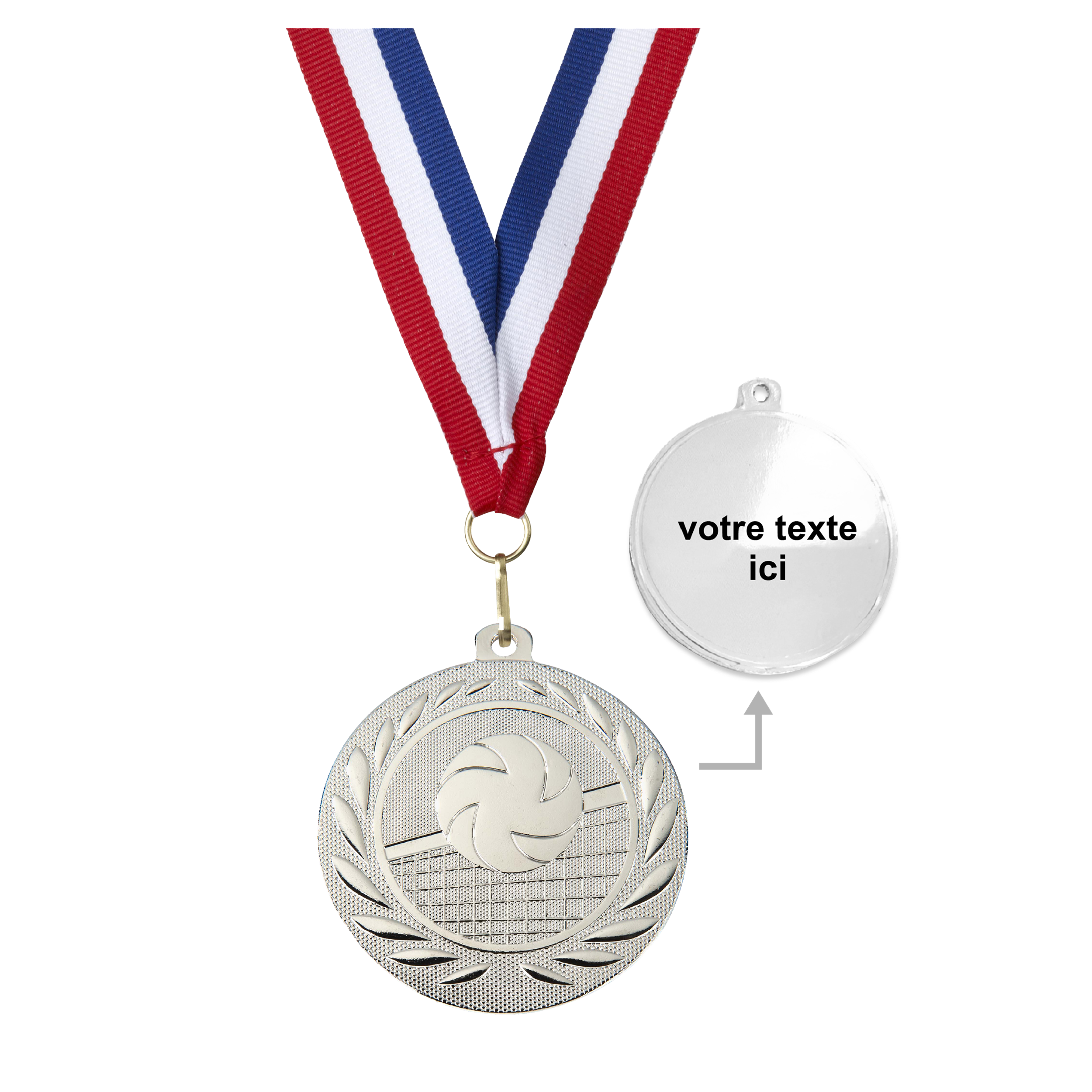 Médaille volleyball argent 50 mm perso - Récompenses - Biemans- Clubs - Entreprises - Collectivités - Associations
