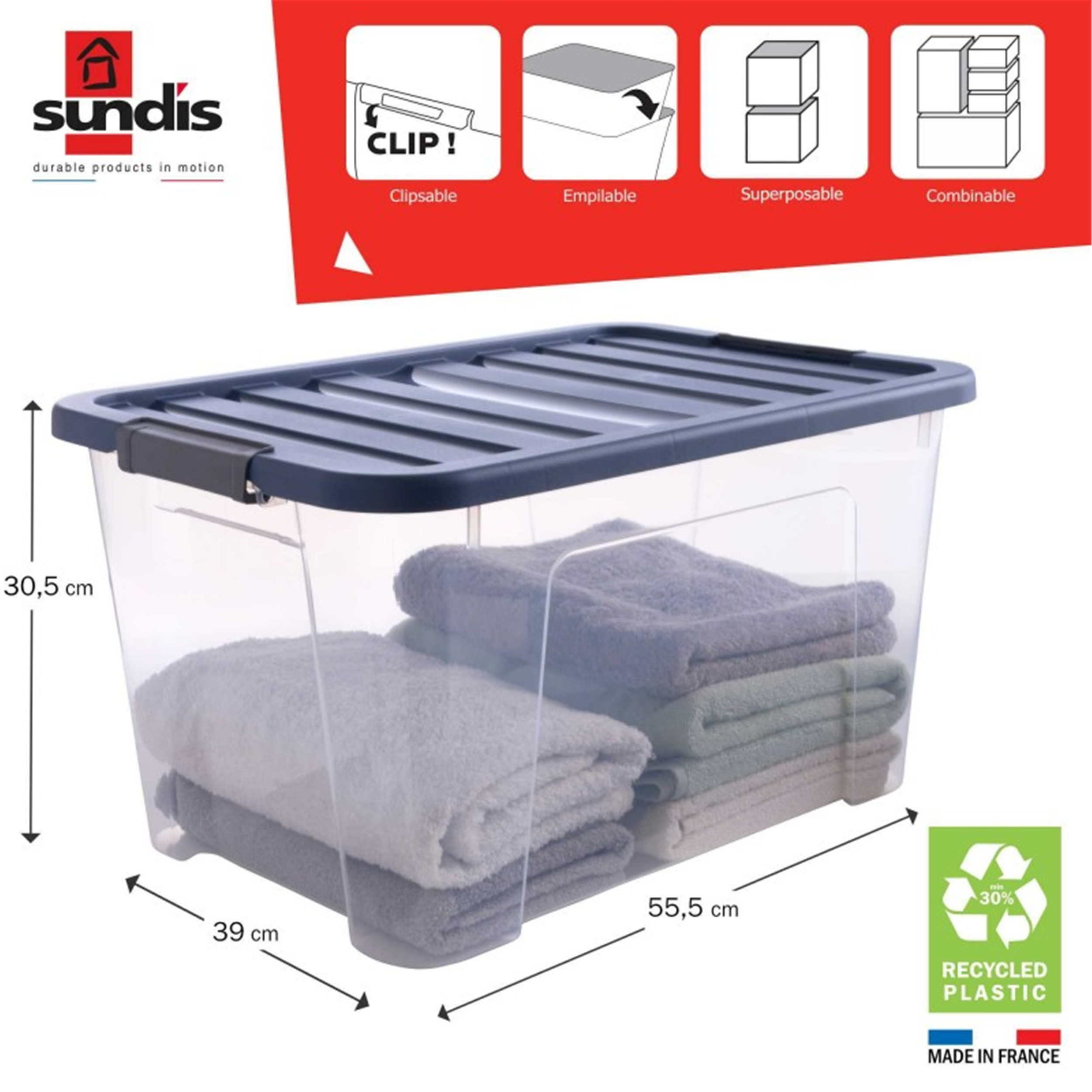 Lot De 8 Boîtes De Rangement SUNDIS Wave Box 10L - Transparentes, Empilables, Avec Couvercle Clipsable