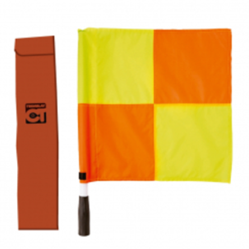 Paire de drapeaux de touche à damiers bicolore (rouge et jaune) avec housse